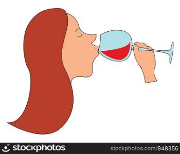 A face of a young woman enjoying red wine from elegant part glassware set isolated on white background viewed from the side, vector, color drawing or illustration.
