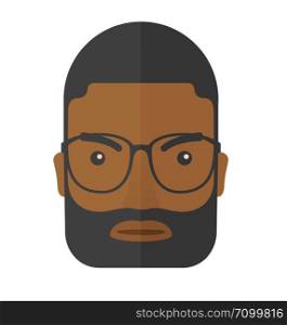 A face of angry black guy with his beard and very mad eyes. A Contemporary style. Vector flat design illustration isolated white background. Square layout.. Face of angry black guy.