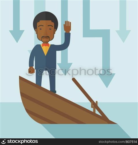 A failure black businessman standing on a sinking boat with those arrows on his back pointing down symbolize that his business is loosing. He needs help. Bankruptcy concept. A contemporary style with pastel palette soft blue tinted background. Vector flat design illustration. Square layout. . Failure black businessman standing on a sinking boat.