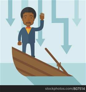 A failure black businessman standing on a sinking boat with those arrows on his back pointing down symbolize that his business is loosing. He needs help. Bankruptcy concept. A contemporary style with pastel palette soft blue tinted background. Vector flat design illustration. Square layout. . Failure black businessman standing on a sinking boat.