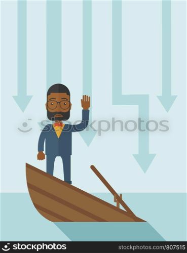 A failure black businessman standing on a sinking boat with those arrows on his back pointing down symbolize that his business is loosing. He needs help. Bankruptcy concept. A contemporary style with pastel palette soft blue tinted background. Vector flat design illustration. Vertical layout. . Failure black businessman standing on a sinking boat.