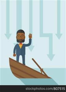 A failure black businessman standing on a sinking boat with those arrows on his back pointing down symbolize that his business is loosing. He needs help. Bankruptcy concept. A contemporary style with pastel palette soft blue tinted background. Vector flat design illustration. Vertical layout. . Failure black businessman standing on a sinking boat.