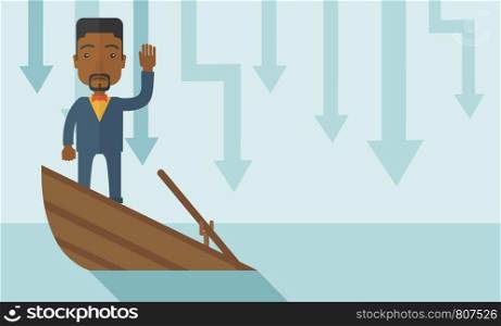 A failure black businessman standing on a sinking boat with those arrows on his back pointing down symbolize that his business is loosing. He needs help. Bankruptcy concept. A contemporary style with pastel palette soft blue tinted background. Vector flat design illustration. Horizontal layout.. Failure black businessman standing on a sinking boat.