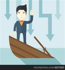 A failure chinese businessman standing on a sinking boat with those arrows on his back pointing down symbolize that his business is loosing. He needs help. Bankruptcy concept. A contemporary style with pastel palette soft blue tinted background. Vector flat design illustration. Square layout. . Failure chinese businessman standing on a sinking boat.