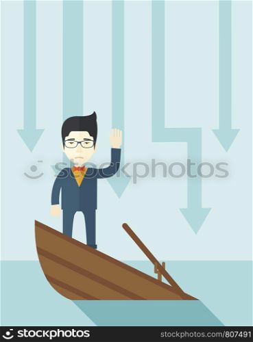 A failure chinese businessman standing on a sinking boat with those arrows on his back pointing down symbolize that his business is loosing. He needs help. Bankruptcy concept. A contemporary style with pastel palette soft blue tinted background. Vector flat design illustration. Vertical layout.. Failure chinese businessman standing on a sinking boat.