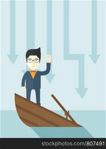 A failure chinese businessman standing on a sinking boat with those arrows on his back pointing down symbolize that his business is loosing. He needs help. Bankruptcy concept. A contemporary style with pastel palette soft blue tinted background. Vector flat design illustration. Vertical layout.. Failure chinese businessman standing on a sinking boat.