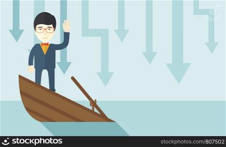 A failure chinese businessman standing on a sinking boat with those arrows on his back pointing down symbolize that his business is loosing. He needs help. Bankruptcy concept. A contemporary style with pastel palette soft blue tinted background. Vector flat design illustration. Horizontal layout.. Failure chinese businessman standing on a sinking boat.