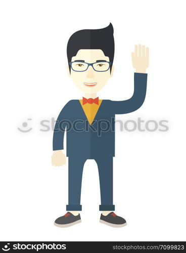 A failure chinese businessman standing waving his hand. He needs help. Bankruptcy concept. A Contemporary style. Vector flat design illustration isolated white background. Vertical layout. Failure chinese businessman standing waving his hand.