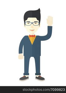 A failure chinese businessman standing waving his hand. He needs help. Bankruptcy concept. A Contemporary style. Vector flat design illustration isolated white background. Vertical layout. Failure chinese businessman standing waving his hand.