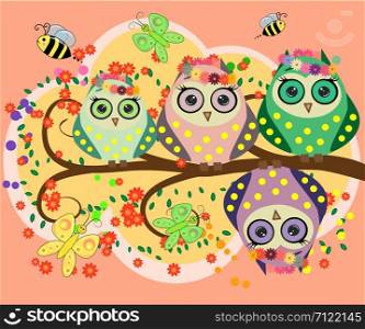A family of bright, cartoon, cute, colorful owls on a flowering tree branch, parents, children, chicks