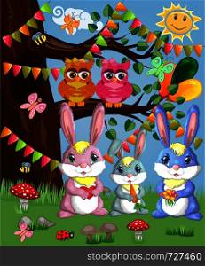 A family of three bunnies in a forest glade. Mom, dad, baby. Spring, love, postcard. A family of three bunnies in a forest glade. Mom, dad, baby. Spring, postcard
