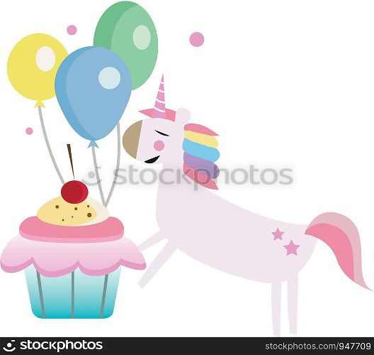 A fantasy themed birthday party with balloons cupcake and a pretty unicorn vector color drawing or illustration