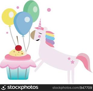 A fantasy themed birthday party with balloons cupcake and a pretty unicorn vector color drawing or illustration