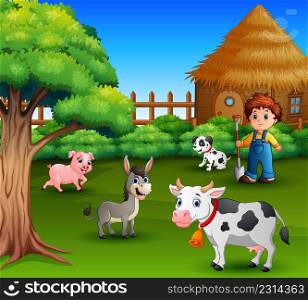 A farmer at his farm with a bunch of farm animals
