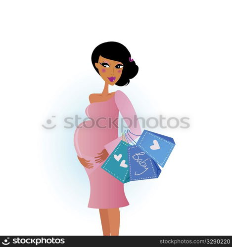 A fashionable pregnant woman in pink with shopping bags
