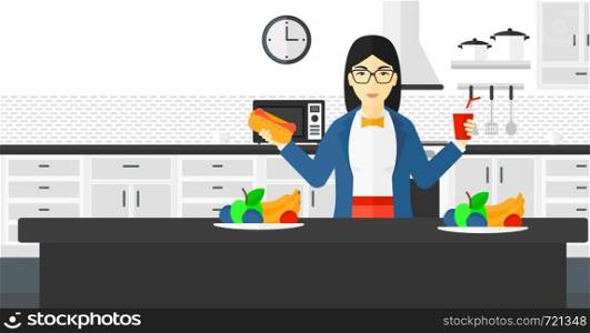 A fat asian woman holding a hotdog in one hand and soda in another on a kitchen background vector flat design illustration. Horizontal layout.. Woman with fast food.