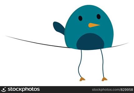 A fat blue bird with a yellow beak sitting on a string vector color drawing or illustration