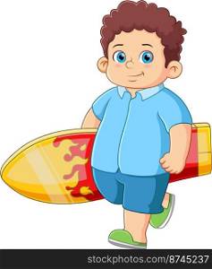 A fat boy holding surfboard of illustration
