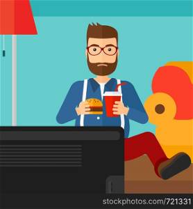 A fat hipster man with the beard sitting on the floor in living room while eating hamburger and drinking soda vector flat design illustration. Square layout.. Man eating hamburger.