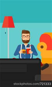 A fat hipster man with the beard sitting on the floor in living room while eating hamburger and drinking soda vector flat design illustration. Vrtical layout.. Man eating hamburger.