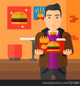 A fat man holding a tray full of junk food on a cafe background vector flat design illustration. Square layout.. Man with fast food.