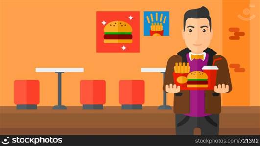 A fat man holding a tray full of junk food on a cafe background vector flat design illustration. Horizontal layout.. Man with fast food.