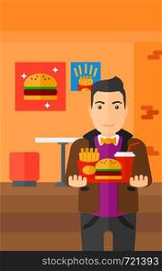 A fat man holding a tray full of junk food on a cafe background vector flat design illustration. Vertical layout.. Man with fast food.