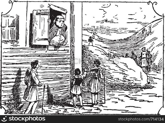 A fat man in a narrow window, vintage engraved illustration.