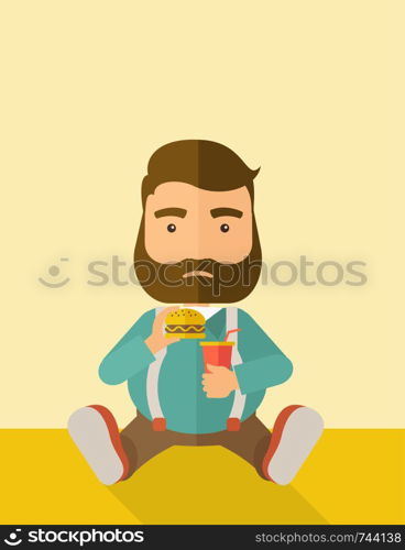 A fat man sitting on the floor while eating hamburger and soda for his drink. Food concept. A Contemporary style with pastel palette, soft beige tinted background. Vector flat design illustration. Vertical layout with text space on top part.. Fat man sitting while eating.