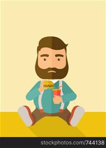 A fat man sitting on the floor while eating hamburger and soda for his drink. Food concept. A Contemporary style with pastel palette, soft beige tinted background. Vector flat design illustration. Vertical layout with text space on top part.. Fat man sitting while eating.