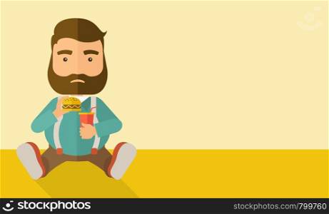 A fat man sitting on the floor while eating hamburger and soda for his drink. Food concept. A Contemporary style with pastel palette, soft beige tinted background. Vector flat design illustration. Horizontal layout with text space in right side.. Fat man sitting while eating.