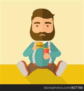 A fat man sitting on the floor while eating hamburger and soda for his drink. Food concept. A Contemporary style with pastel palette, soft beige tinted background. Vector flat design illustration. Square layout.. Fat man sitting while eating.