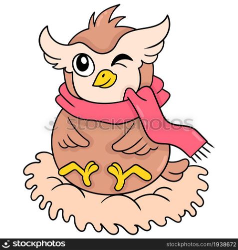 a fat owl wearing a scarf is sitting in its nest