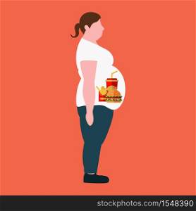 A fat woman and fast food. The concept of a healthy lifestyle and losing weight. Vector. The concept of a healthy lifestyle and losing weight. Vector. A fat woman, and fast food.