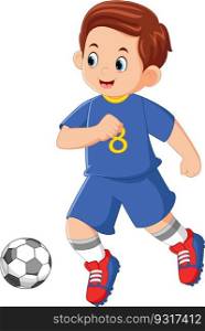 a father is exercising playing soccer wearing a blue uniform shirt