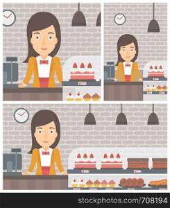 A female bakery worker offering different pastry. A bakery worker standing behind the counter with cakes at the bakery. Vector flat design illustration. Square, horizontal, vertical layouts.. Worker standing behind the counter at the bakery.