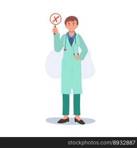A female doctor in a medical uniform. woman doctor holding red false mark sign . Flat vector illustration