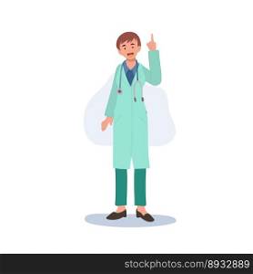 A female doctor in a medical uniform. woman doctor pointing index finger. Flat vector illustration