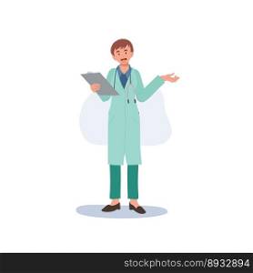 A female doctor in a medical uniform. woman doctor with clipboard is giving suggestion, explaining. Flat vector illustration