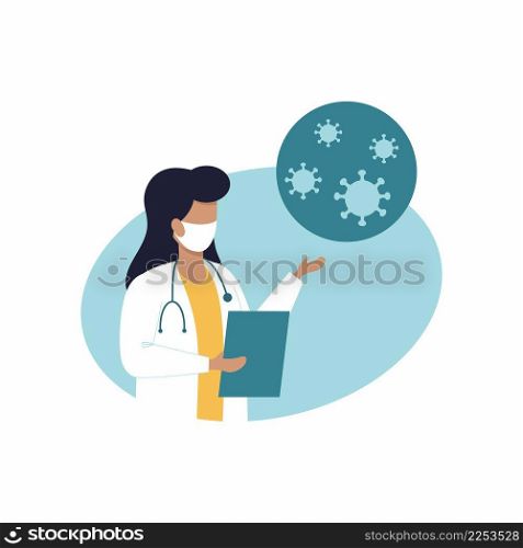 A female doctor talks about the coronavirus, its symptoms and precautions.  Vector illustration on the topic of medicine and health. Covid-19 virus pandemic.