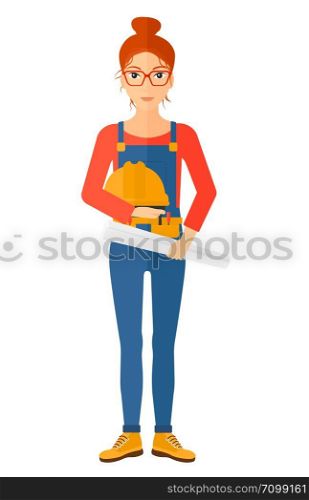 A female engineer holding a hard hat and a twisted blueprint in hands vector flat design illustration isolated on white background. Vertical layout.. Engineer with hard hat and blueprint.