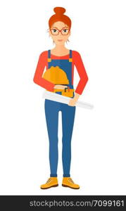 A female engineer holding a hard hat and a twisted blueprint in hands vector flat design illustration isolated on white background. Vertical layout.. Engineer with hard hat and blueprint.