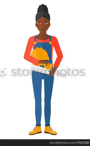 A female engineer holding a hard hat and a twisted blueprint in hands vector flat design illustration isolated on white background. . Engineer with hard hat and blueprint.