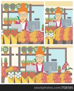 A female florist using telephone and laptop to take orders for flower shop. A florist standing behind the counter at flower shop. Vector flat design illustration. Square, horizontal, vertical layouts.. Florist at flower shop vector illustration.
