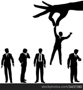 A female hand to find, select, choose, pick a business man to dangle above a line of business people.