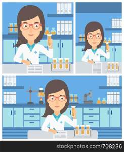 A female laboratory assistant taking some notes and working with a test tube at the lab. Vector flat design Illustration. Square, horizontal, vertical layouts.. Laboratory assistant working.