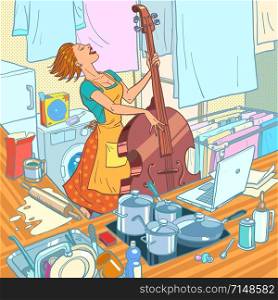 A female musician plays the double bass, a housewife is distracted from household chores. Comic cartoon pop art retro vector illustration drawing. A female musician plays the double bass, a housewife is distracted from household chores