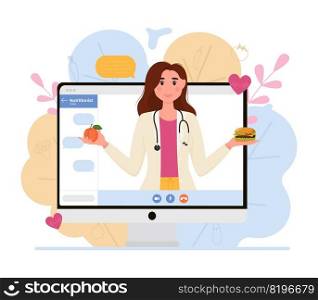 A female nutritionist on the monitor screen. Online course. Nutrition and diet therapy, medical consultation online. A female nutritionist on the monitor screen. Online course. Nutrition and diet therapy, medical consultation online.