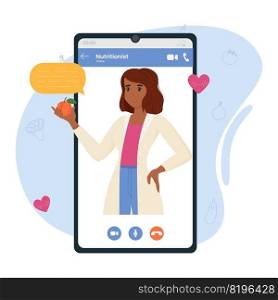 A female nutritionist on the smartphone screen. Online course. Nutrition and diet therapy, medical consultation online. A female nutritionist on the smartphone screen. Online course. Nutrition and diet therapy, medical consultation online.
