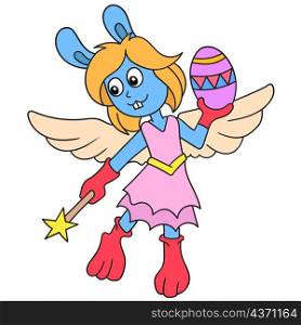 a female rabbit angel flying with an easter egg